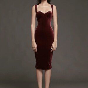 POEM Bangkok “La Petite” Wine Stretch Velvet Bustier Sheath Dress